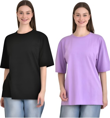 Sara ji Solid Women Round Neck Black, Purple T-Shirt