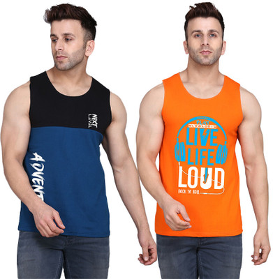 SLOWLORIS Printed Men Round Neck Orange, Black, Dark Blue T-Shirt