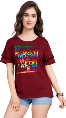 Monisha Plus Typography Women Round Neck Maroon T-Shirt