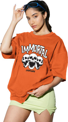 Leotude Printed Women Round Neck Orange T-Shirt