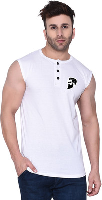 Blisstone Printed Men Henley Neck White T-Shirt