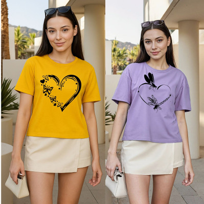 Herway Printed Women Round Neck Yellow, Purple T-Shirt