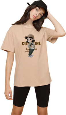 Adam White Printed Women Round Neck Beige T-Shirt