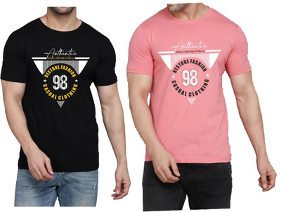 WOOSTRO Printed Men Round Neck Black, Pink T-Shirt
