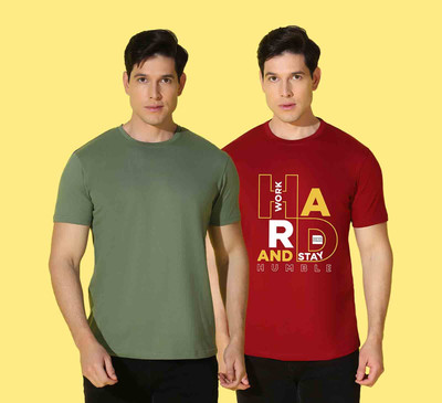 WOOSTRO Solid, Typography Men Round Neck Dark Green, Maroon T-Shirt
