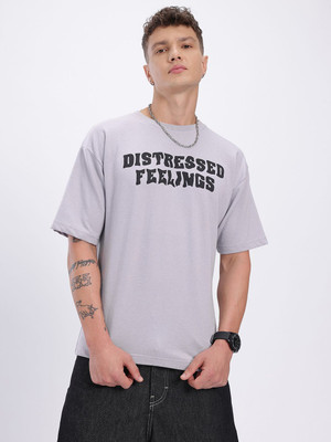 Glitchez Printed Men Round Neck Grey T-Shirt