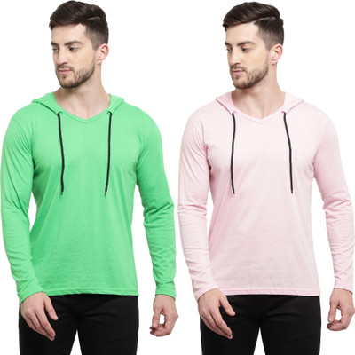 Tresna Trending Solid Men Hooded Neck Pink, Light Green T-Shirt