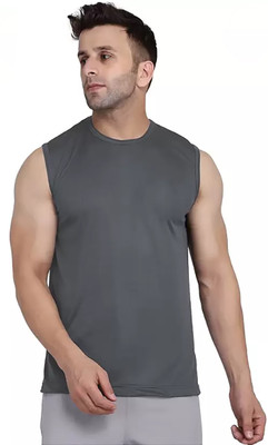 Think Tech Solid Men Round Neck Grey T-Shirt
