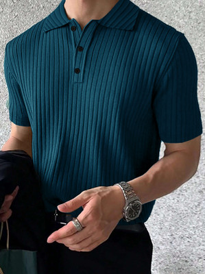 EyeBogler Self Design Men Zip Neck Blue T-Shirt