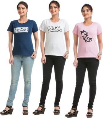 STYLE AK Printed Women Round Neck Blue, White, Pink T-Shirt