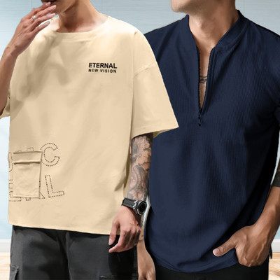 Jump Cuts Printed Men Henley Neck Reversible Multicolor T-Shirt