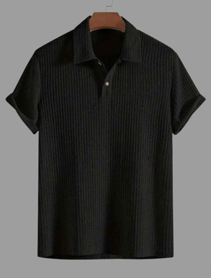 Mark TP Self Design Men Polo Neck Black T-Shirt