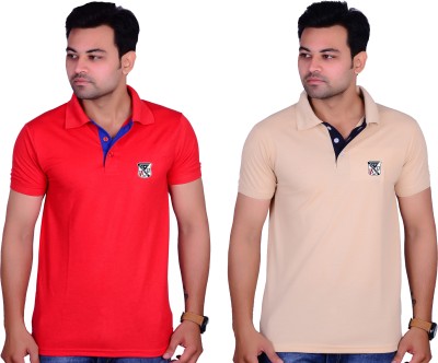 La Milano Solid Men Polo Neck Beige, Red T-Shirt