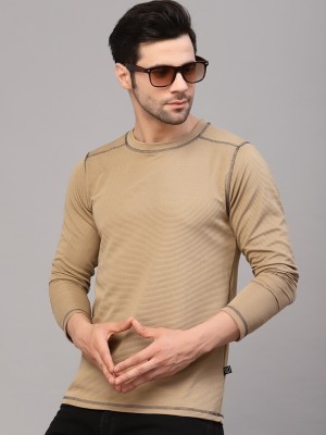 RIGO Solid Men Round Neck Beige T-Shirt