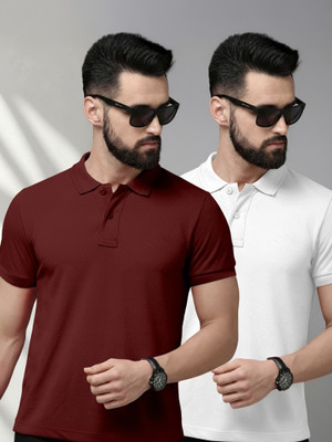 METRONAUT Solid Men Polo Neck Maroon, White T-Shirt
