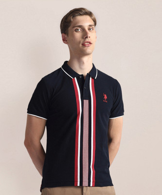 U.S. POLO ASSN. Striped Men Polo Neck Dark Blue, White, Red T-Shirt