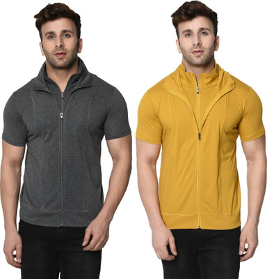 JB Jangoboy Self Design, Solid Men High Neck Grey, Yellow T-Shirt