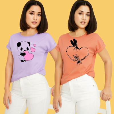 Kintu Parantu Printed Women Round Neck Orange, Purple T-Shirt