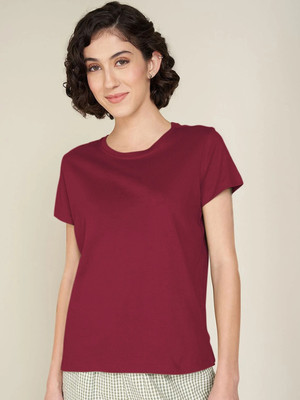 Stylimo Solid Women Round Neck Maroon T-Shirt