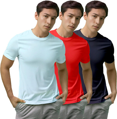 Fighterhero Solid, Sporty Men Round Neck Light Blue, Red, Navy Blue T-Shirt