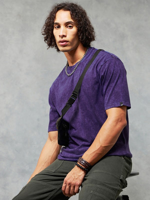 BEWAKOOF Self Design Men Round Neck Purple T-Shirt