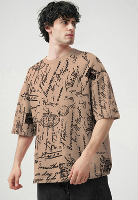 TRIPR Printed Men Round Neck Beige, Black T-Shirt