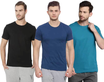 VAN HEUSEN Solid Men Round Neck Black, Navy Blue, Blue T-Shirt