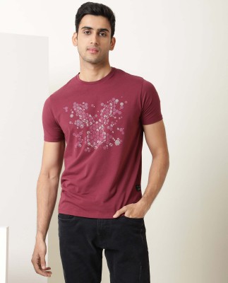 RARE RABBIT Printed Men Round Neck Maroon T-Shirt