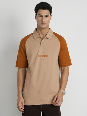 NOBERO Colorblock Men Polo Neck Beige T-Shirt