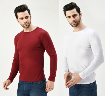 Nael Fashion Solid Men Round Neck Maroon, White T-Shirt