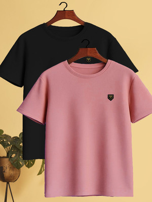 Yazole Solid Men Round Neck Pink, Black T-Shirt