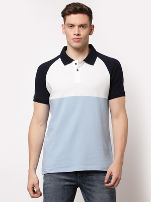 KALT Colorblock Men Polo Neck Light Blue, White, Black T-Shirt