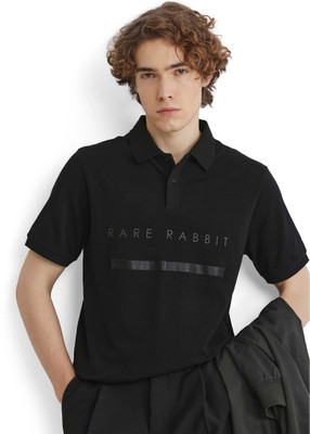 RARE RABBIT Printed Men Polo Neck Black T-Shirt