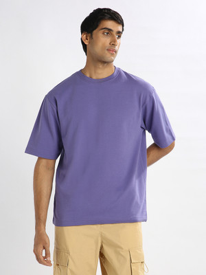 NOBERO Solid Men Round Neck Purple T-Shirt