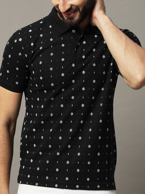 SINDHIGARMENT Printed Men Polo Neck Black T-Shirt