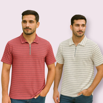 METRONAUT Striped Men Polo Neck Pink, White T-Shirt