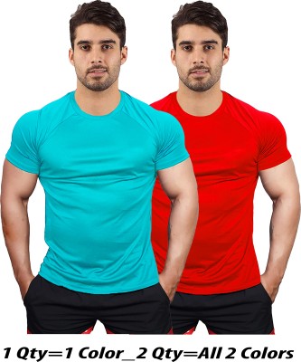 UDI n ADI Solid Men Round Neck Light Blue, Red T-Shirt