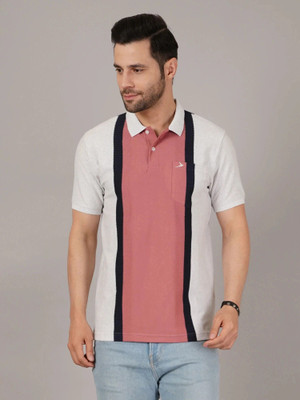 DAVNO Striped Men Polo Neck White T-Shirt