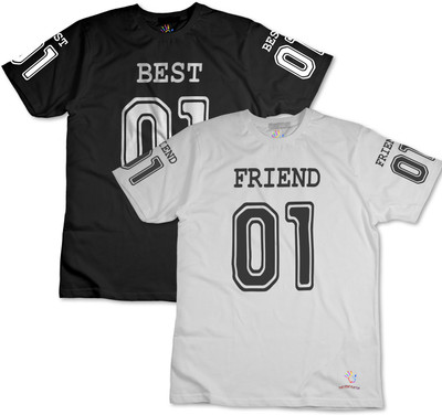 THE PRINT PLATTER Typography Couple Round Neck Black, White T-Shirt