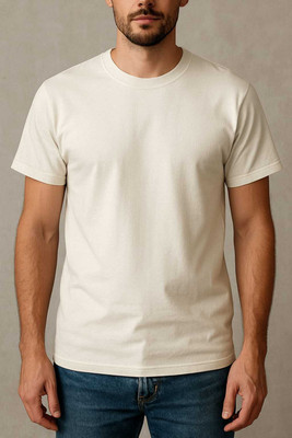 HANVIK Solid Men Round Neck Beige T-Shirt