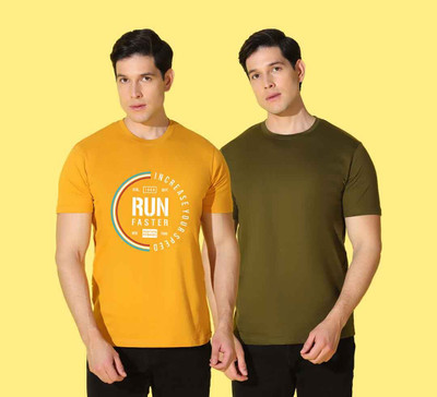 WOOSTRO Printed Men Round Neck Yellow, Green T-Shirt