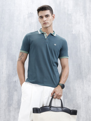 WROGN Solid Men Polo Neck Green T-Shirt