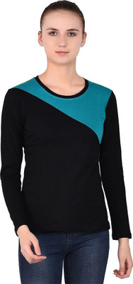 Lawful Casual Colorblock Women Round Neck Blue, Black T-Shirt
