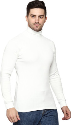 Urban Décor Solid High Neck Casual Men White Sweater