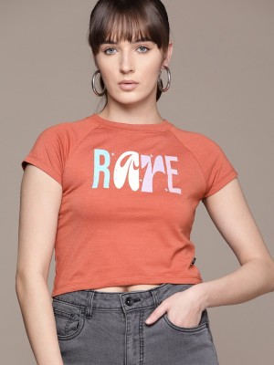 Roadster Printed, Typography Women Round Neck Brown T-Shirt