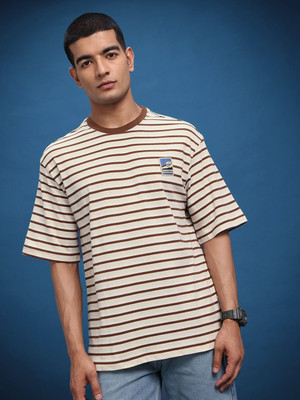Roadster Striped Men Round Neck Beige T-Shirt