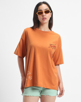 BEWAKOOF Graphic Print Women Round Neck Orange T-Shirt