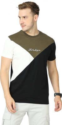 LE LUDZIE Colorblock Men Round Neck Light Green, Black, White T-Shirt
