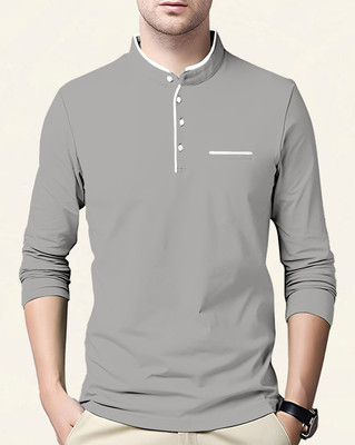 AUSK Solid Men Mandarin Collar Grey T-Shirt