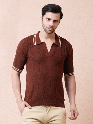 NOQUO Embroidered Men Polo Neck Brown T-Shirt